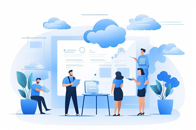 Group of people maintaining sustainability in a modern office environment with plants and eco-friendly materials